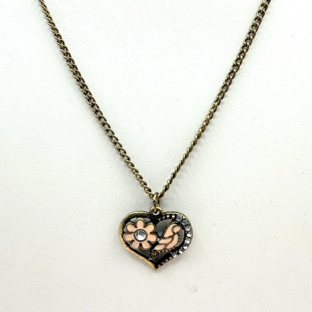 Gold Tone Heart Pendant Necklace Bird Flower Pink Enamel Dainty Minimalist Retro